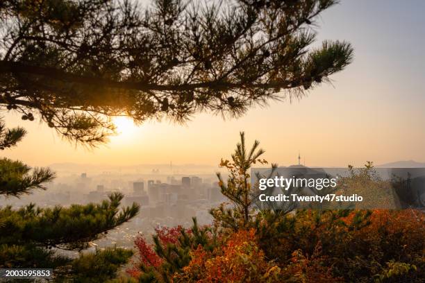 seoul city skyline view from inwangsan mountain in the morning - seoul south korea skyline stock pictures, royalty-free photos & images