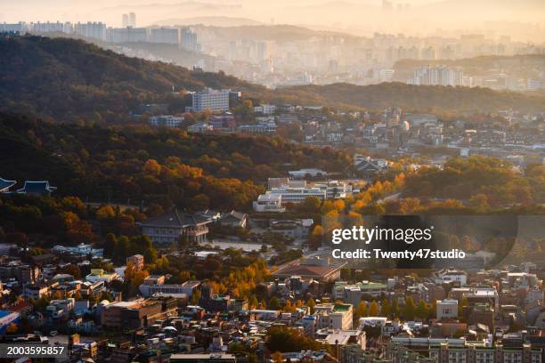 seoul city skyline view from inwangsan mountain in the morning - seoul south korea skyline stock pictures, royalty-free photos & images