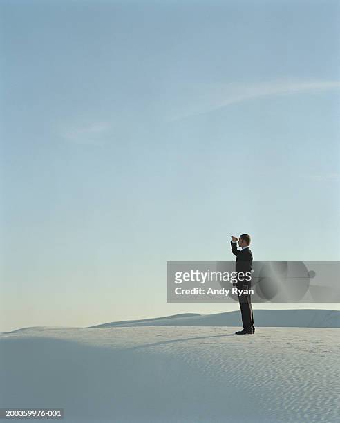 businessman in desert shielding eyes, side view - spy glass businessman stock pictures, royalty-free photos & images