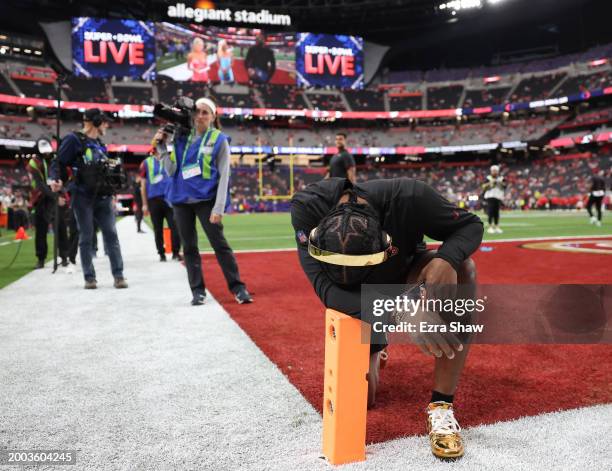 Logan Ryan of the San Francisco 49ers prays before Super Bowl LVIII against the Kansas City Chiefs at Allegiant Stadium on February 11, 2024 in Las...