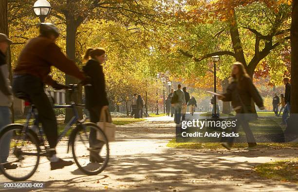 students walking on footpaths on college campus, autumn - campus stockfoto's en -beelden