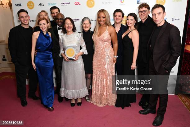 Celinde Schoenmaker, Andrew Richardson, Cedric Neal, Dame Arlene Phillips and Marisha Wallace inside the WhatsOnStage Awards 2024 Winners Room at the...
