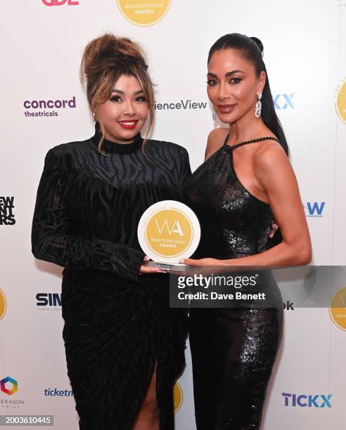 Courtney Bowman and Nicole Scherzinger pose in the Winners Room at The 24th Annual WhatsOnStage Awards 2024 at The London Palladium on February 11,...