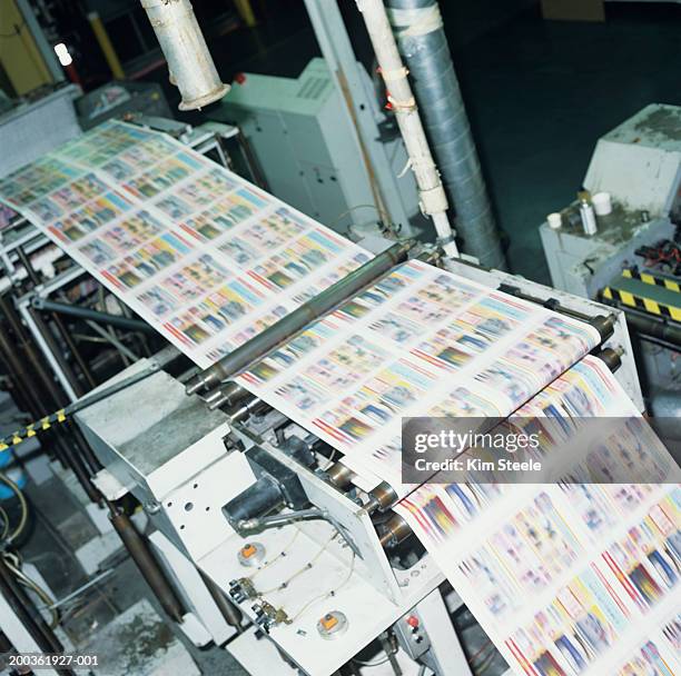 4 colour thermal ink web press in factory, elevated view - stampare foto e immagini stock