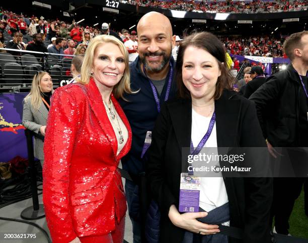 Tammy Reid, Keegan-Michael Key and Elise Key attend the Super Bowl LVIII Pregame at Allegiant Stadium on February 11, 2024 in Las Vegas, Nevada.