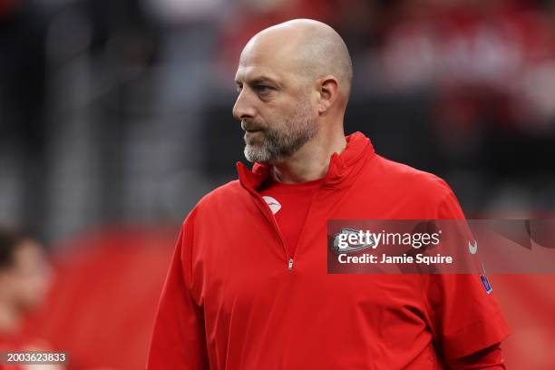 Offensive Coordinator Matt Nagy of the Kansas City Chiefs looks on prior to Super Bowl LVIII against the San Francisco 49ers at Allegiant Stadium on...