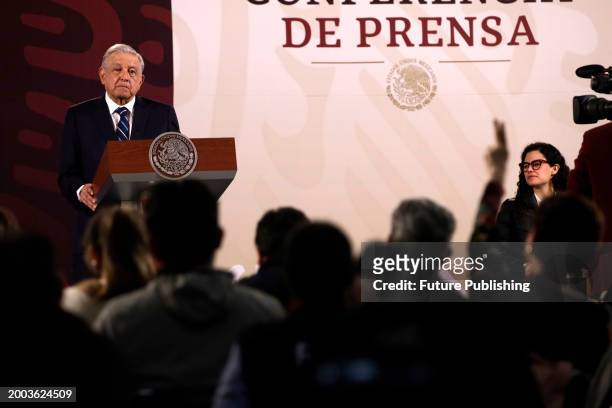 February 13 Mexico City, Mexico: Mexico's President, Andres Manuel Lopez Obrador during his press conference at the National Palace. .