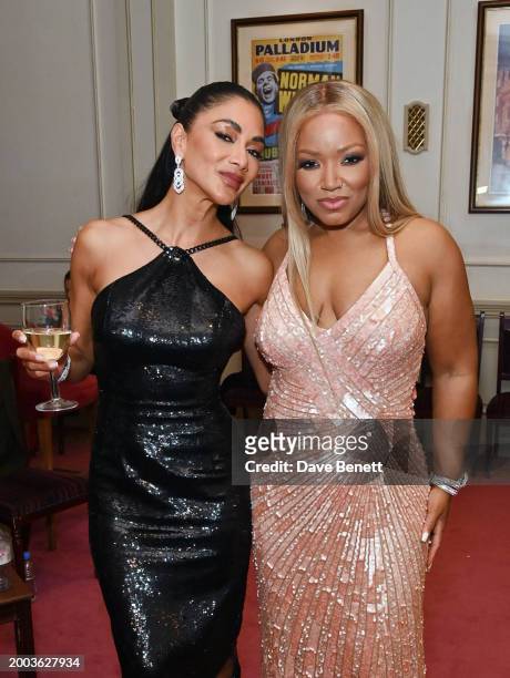 Nicole Scherzinger and Marisha Wallace pose in the Winners Room at The 24th Annual WhatsOnStage Awards 2024 at The London Palladium on February 11,...
