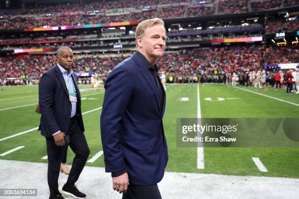 Commissioner Roger Goodell looks on before Super Bowl LVIII between the San Francisco 49ers and Kansas City Chiefs at Allegiant Stadium on February...