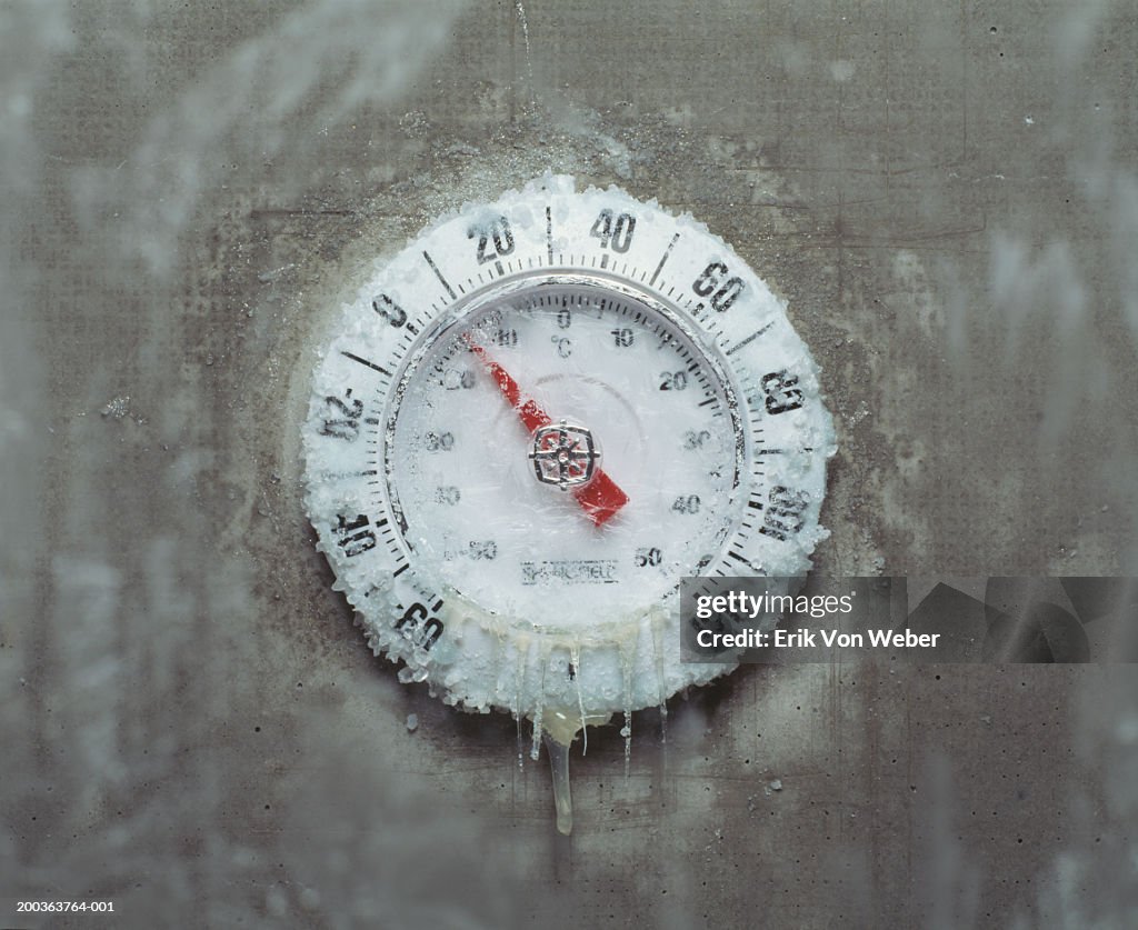 Ice covered thermometer, close-up