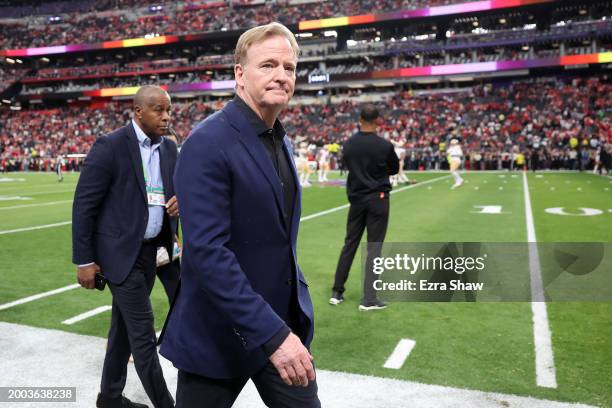 Commissioner Roger Goodell looks on before Super Bowl LVIII between the San Francisco 49ers and Kansas City Chiefs at Allegiant Stadium on February...