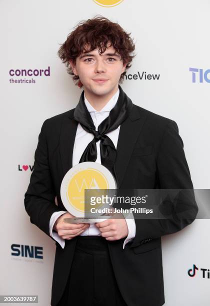 Jack Wolfe seen during the WhatsOnStage Awards Awards 2024 Winners Room at the London Palladium on February 11, 2024 in London, England.