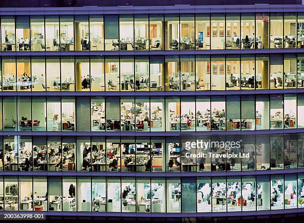 people working in glass sided office building, night - fensterfront innen stock-fotos und bilder