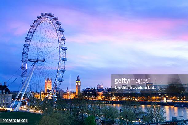 england, london, london eye and cityscape, dusk - millennium wheel imagens e fotografias de stock