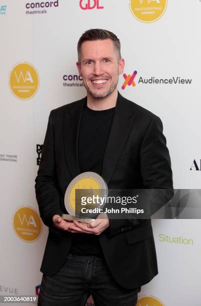 Adam Fisher seen during the WhatsOnStage Awards Awards 2024 Winners Room at the London Palladium on February 11, 2024 in London, England.