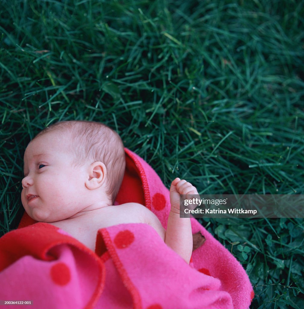 Baby girl (2-5 months) lying in blanket on grass