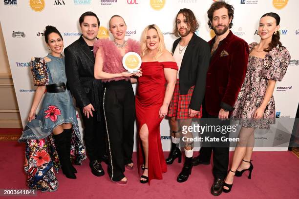 Jak Malone, Natasha Hodgson and guests inside the WhatsOnStage Awards 2024 Winners Room at the London Palladium on February 11, 2024 in London,...