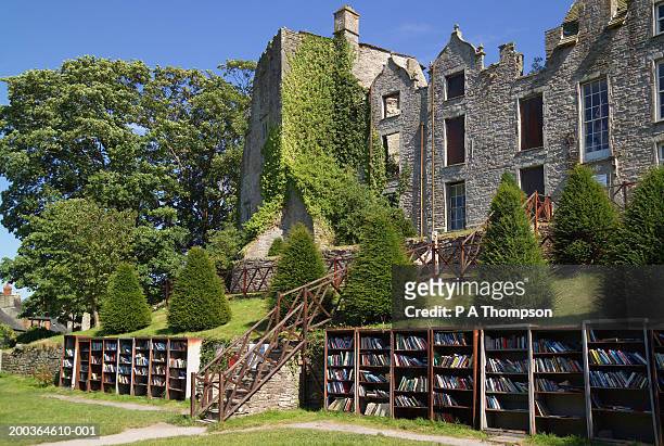 uk, wales, powys, hay-on-wye, hay castle, bookstalls in grounds - powys stock pictures, royalty-free photos & images