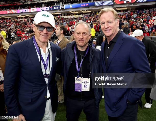 Woody Johnson, Josh Harris and Roger Goodell attend the Super Bowl LVIII Pregame at Allegiant Stadium on February 11, 2024 in Las Vegas, Nevada.