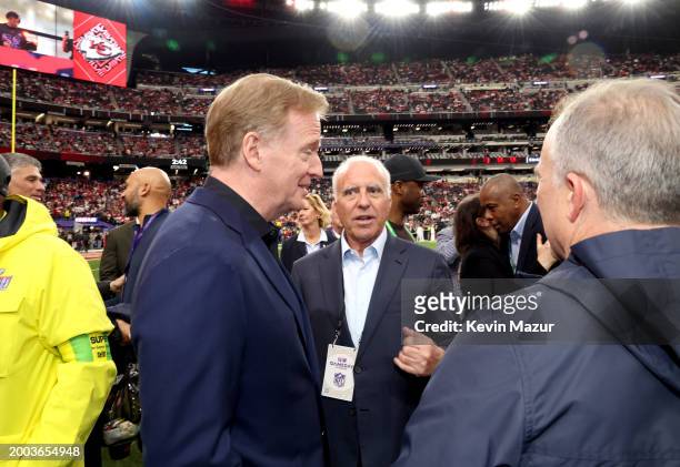 Roger Goodell and Jeffrey Lurie attend the Super Bowl LVIII Pregame at Allegiant Stadium on February 11, 2024 in Las Vegas, Nevada.