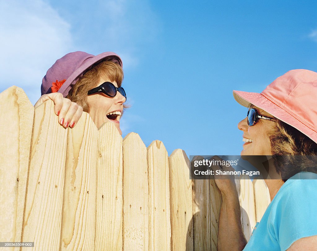 Mature women talking over fence