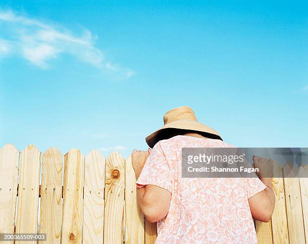 mature woman looking over fence, rear view - nosey neighbor stock-fotos und bilder