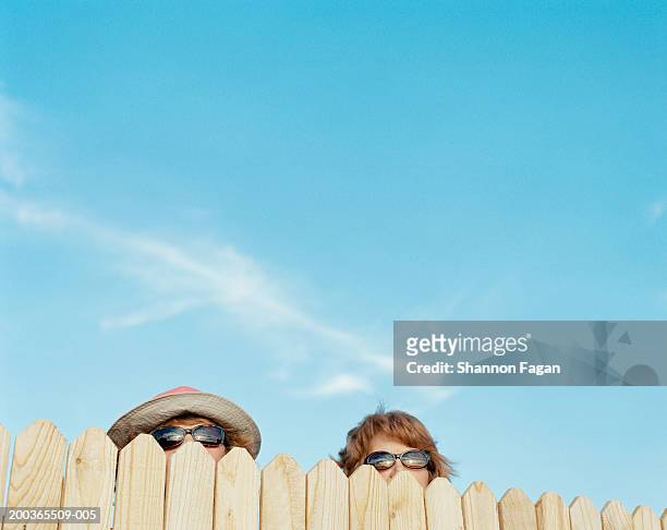 two women looking over fence - rumor stockfoto's en -beelden
