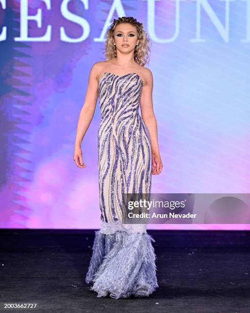 Model walks during the Alycesaundral fashion show at New York Fashion Week Fall 2024 powered by Art Hearts Fashion at The Angel Orensanz Foundation...