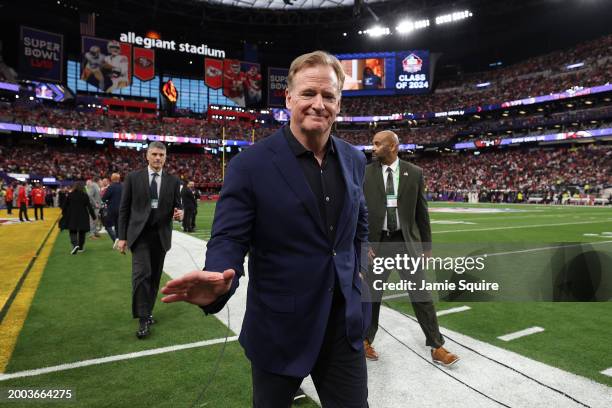 Commissioner Roger Goodell reacts before Super Bowl LVIII between the San Francisco 49ers and Kansas City Chiefs at Allegiant Stadium on February 11,...