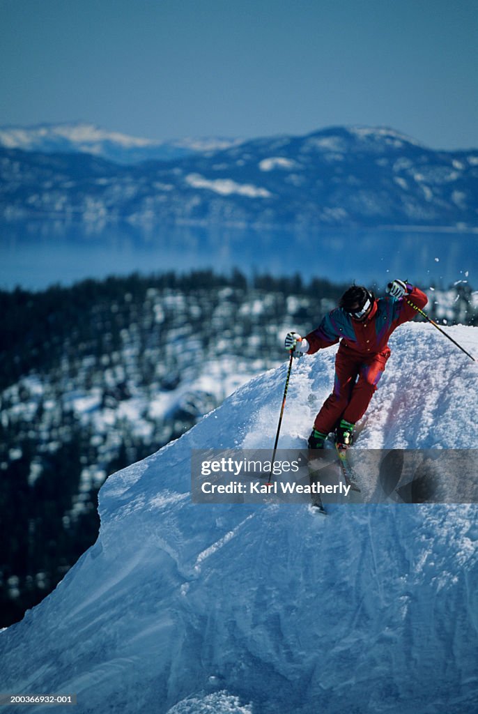 Man skiing, Squaw Valley, California, USA, elevated view