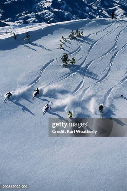 group of people heli skiing, overhead view, sun valley, idaho, usa - heli skiing stock pictures, royalty-free photos & images