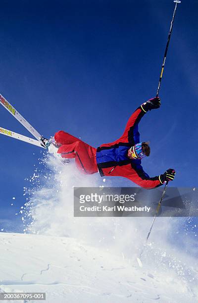 skier mid-air, pole-plant - ski pole stock-fotos und bilder