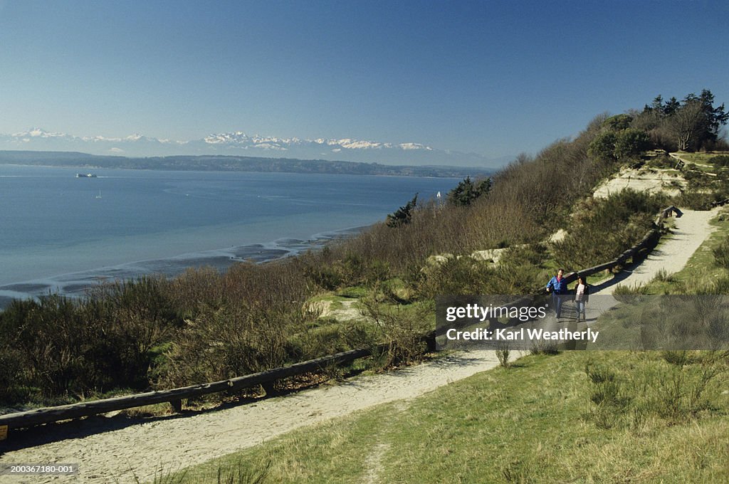 People on sandy trail, Discovery Park, Seattle, Washington, USA, elevated view