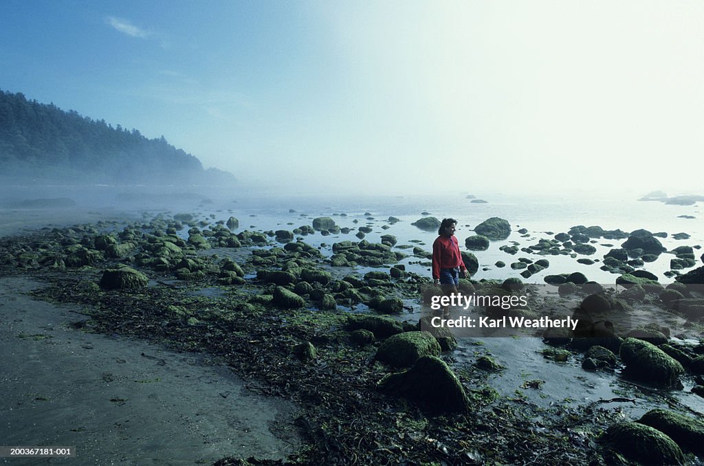 Woman walking on misty rocky beach, Cape Alava, Washington, USA