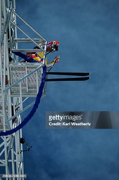 unrecognizable person with ski standing on bungee jumping platform, squaw valley, california, usa, low angle view - bungee jump stockfoto's en -beelden