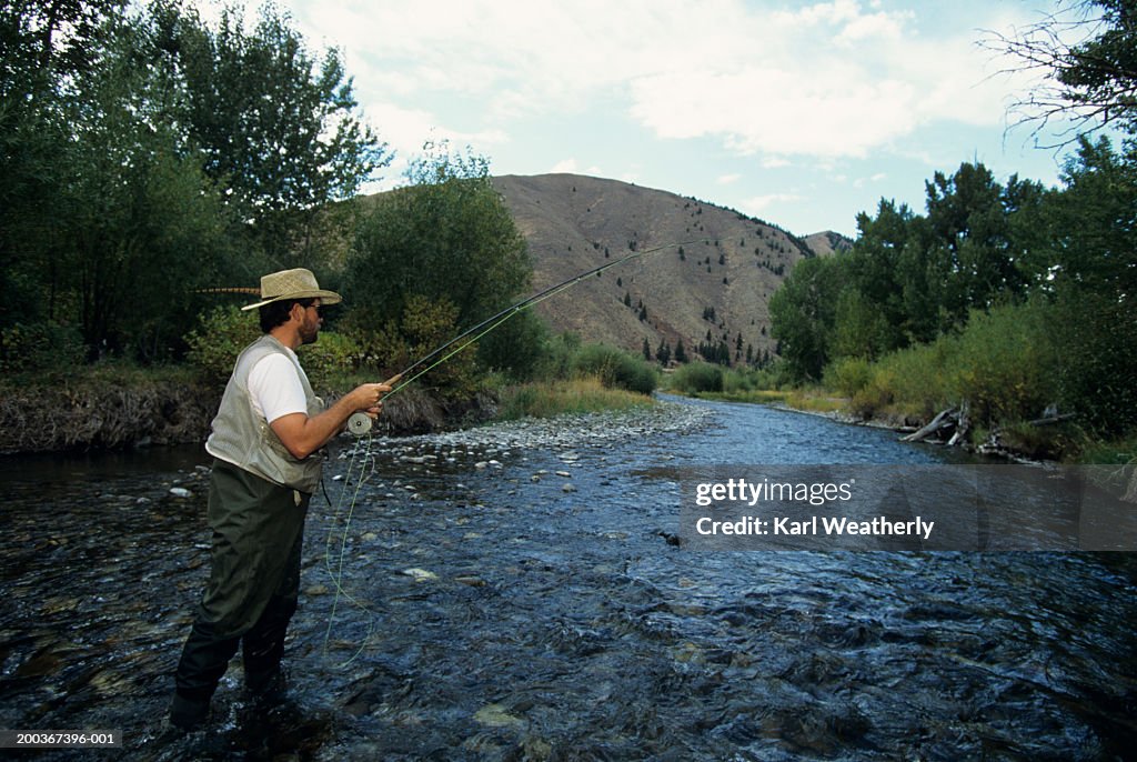 Man fly fishing in river