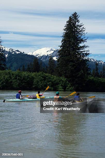 kayaking on stikine river, alaska, usa, rear view - stikine river stock pictures, royalty-free photos & images
