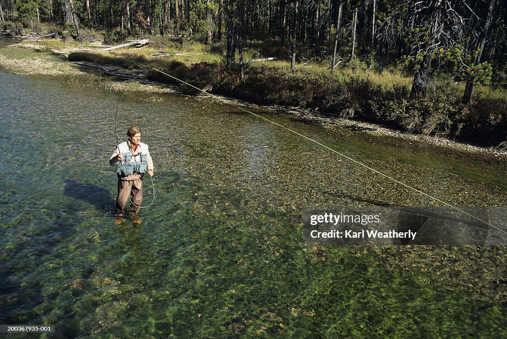 Man fly fishing in river, elevated view