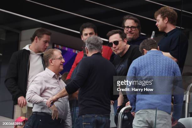 Of Tesla Elon Musk looks on prior to Super Bowl LVIII between the San Francisco 49ers and Kansas City Chiefs at Allegiant Stadium on February 11,...