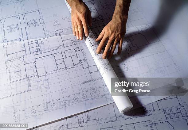 man unrolling architectural plans, close-up - architecture blueprint stock pictures, royalty-free photos & images