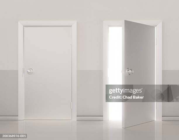 two doors side by side, one door open (digital) - door open stock-fotos und bilder