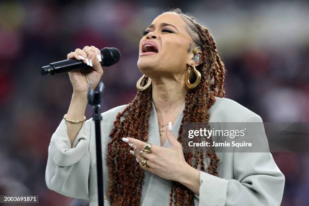 Singer Andra Day performs prior to Super Bowl LVIII between the San Francisco 49ers and Kansas City Chiefs at Allegiant Stadium on February 11, 2024...