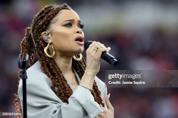 Singer Andra Day performs prior to Super Bowl LVIII between the San Francisco 49ers and Kansas City Chiefs at Allegiant Stadium on February 11, 2024...