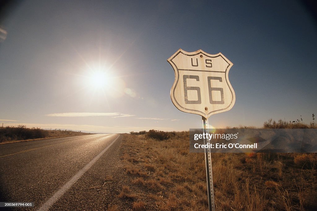 'Route 66' sign, sunset