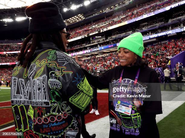 Jay-Z and Dionne Harmon attend the Super Bowl LVIII Pregame at Allegiant Stadium on February 11, 2024 in Las Vegas, Nevada.