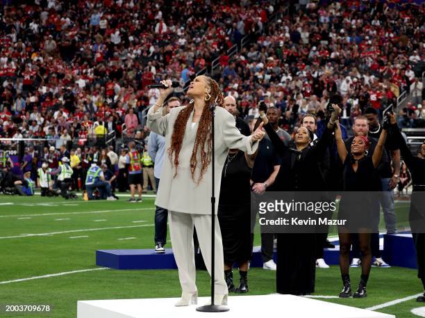 Andra Day performs during the Super Bowl LVIII Pregame at Allegiant Stadium on February 11, 2024 in Las Vegas, Nevada.