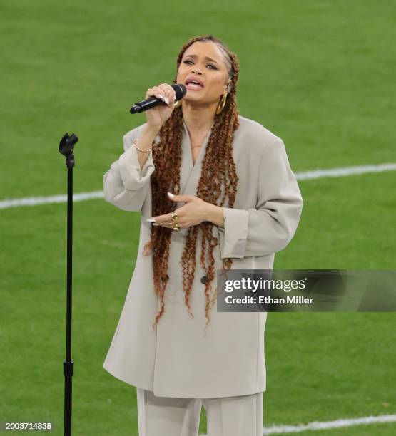 Andra Day performs prior to Super Bowl LVIII at Allegiant Stadium on February 11, 2024 in Las Vegas, Nevada.