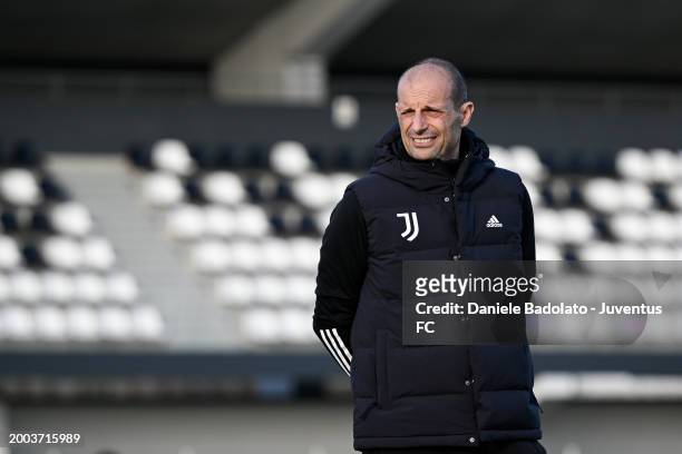 Massimiliano Allegri of Juventus during a training session at JTC on February 14, 2024 in Turin, Italy.