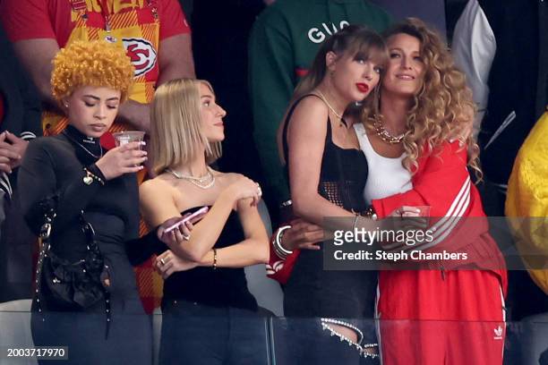 Rapper Ice Spice, singer Taylor Swift and actress Blake Lively prior to Super Bowl LVIII between the San Francisco 49ers and Kansas City Chiefs at...