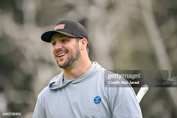 Buffalo Bills quarterback Josh Allen smiles during the pro-am prior to The Genesis Invitational at Riviera Country Club on February 14, 2024 in...